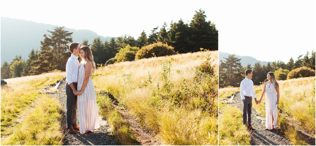 Couple kissing and holding hands on Roan Mountain engagement pictures Carvers Gap