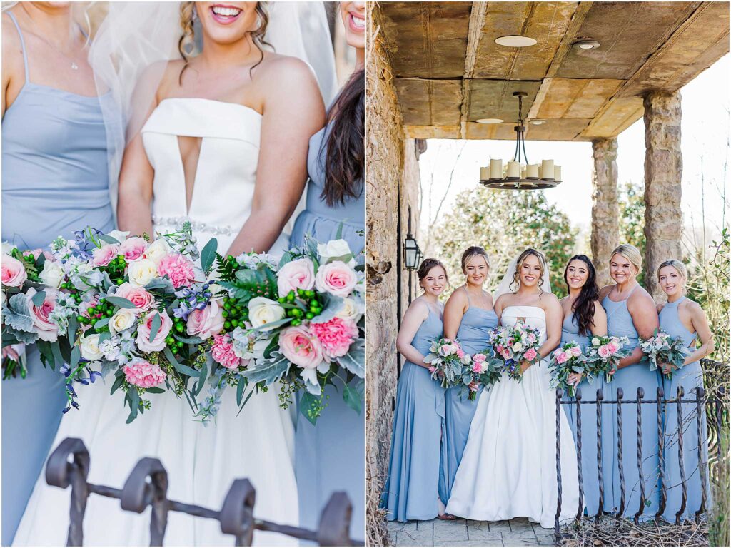 Bride posing with bridesmaids and up close flower details at chateau selah wedding venue