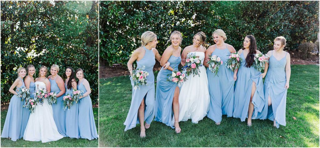 Bride and bridesmaids posing in front of trees at chateau selah venue