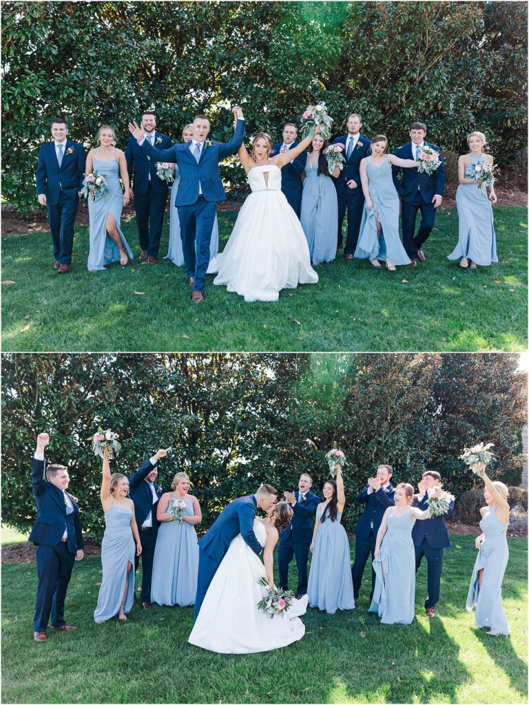 bridal party cheering on bride and groom kissing with trees in background at chateau selah venue