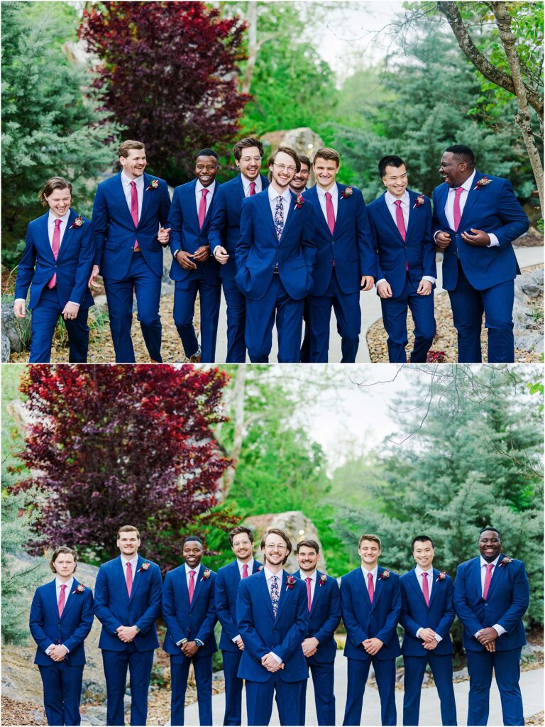 Groom and groomsmen photo with trees in background