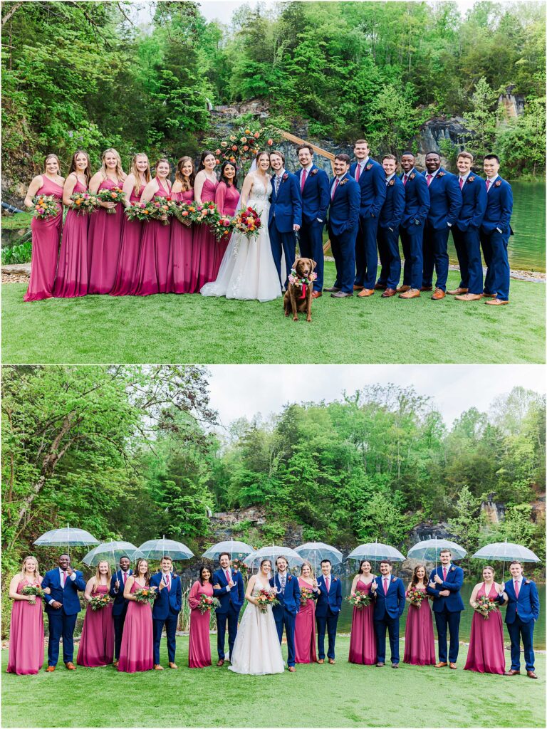 Dog joins bridal party in front of waterfall at waterstone venue 