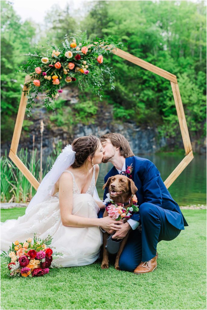 Dog in picture with couple at johnson city tn wedding venue waterstone venue