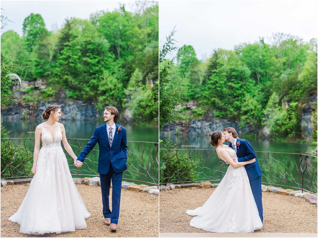 waterstone venue wedding bride and groom holding hands and dip kiss with lake in background