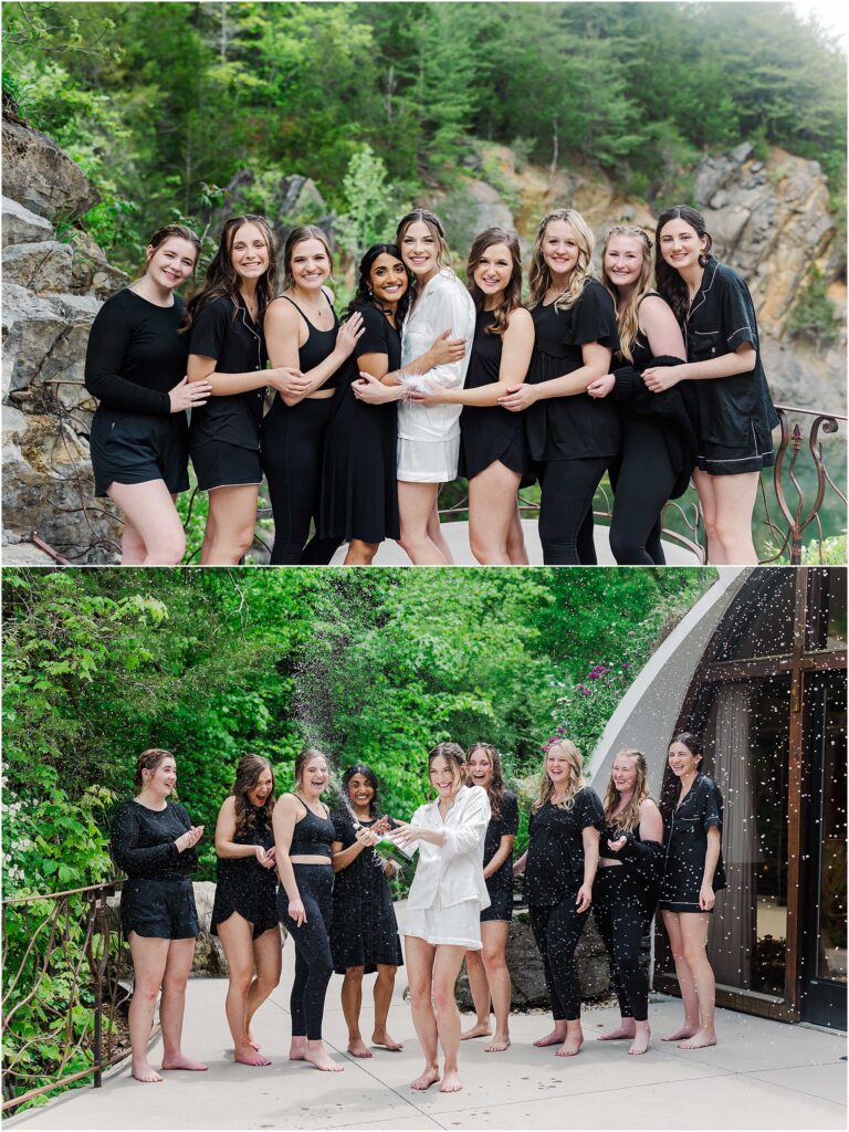 Johnson City wedding photographer captures bridal party popping champagne