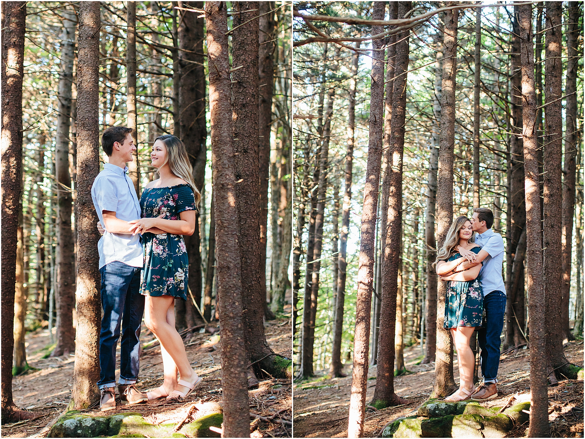 Couple embracing in middle of trees in Carvers Gap Roan Mountain TN