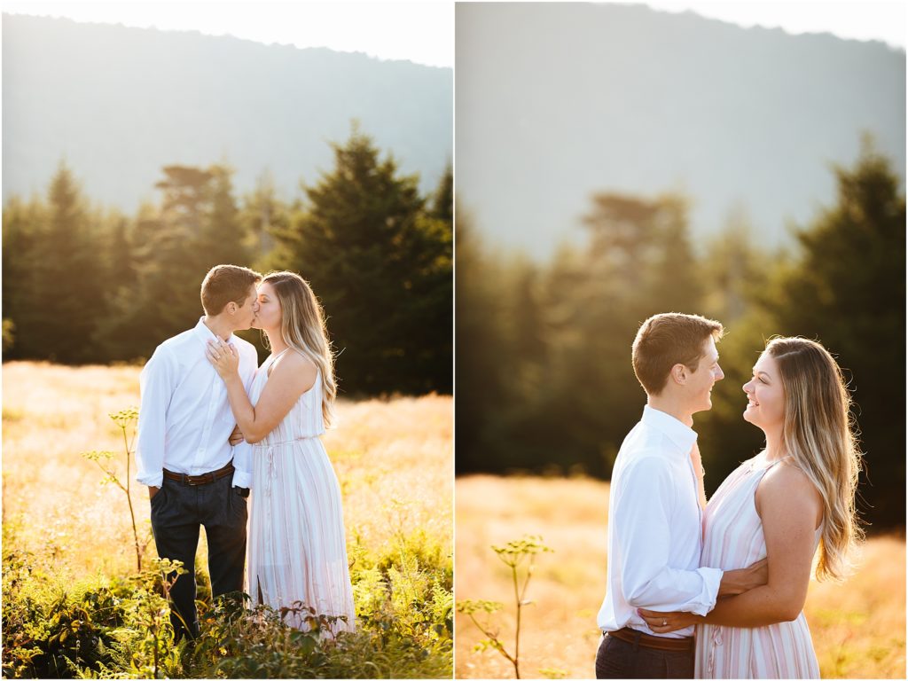 Couple kissing while wedding photographer Bristol VA captures couples reaction at Roan Mountain photos