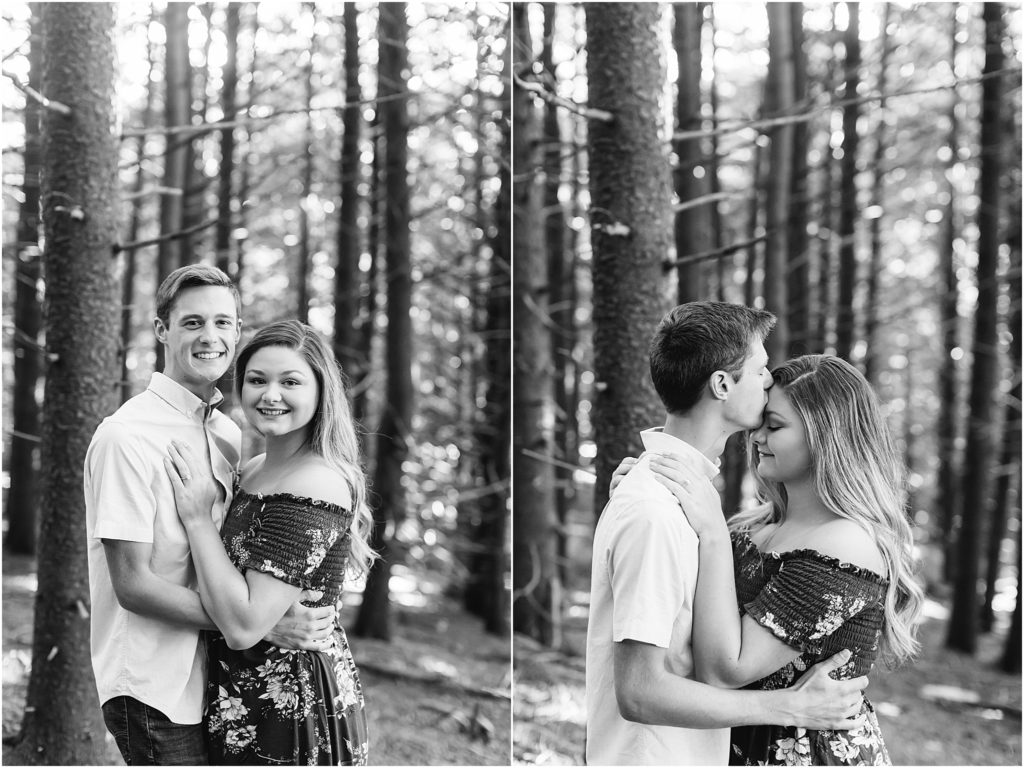 Engagement couple posing in photos in trees at Roan Mountain State Park