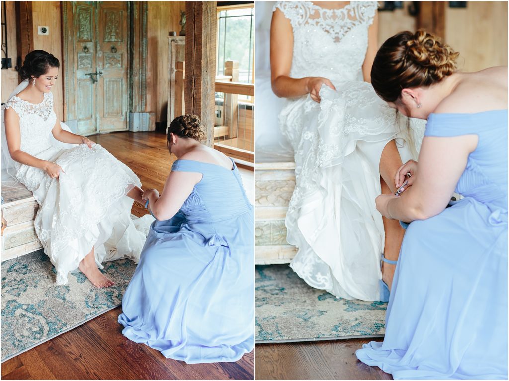 Bridesmaid putting on shoes for bride with Crooked River Farm venue photographer Bristol Virginia