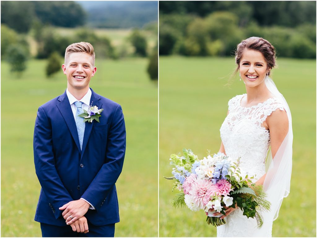 Bristol wedding photographer captures Bridal photo holding bouquet and groom in navy blue suit at Crooked River Farm Hiltons, VA