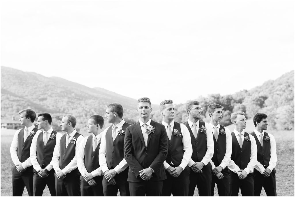 Groomsmen in Mighty Duck formation in Crooked River Farm Hiltons, VA