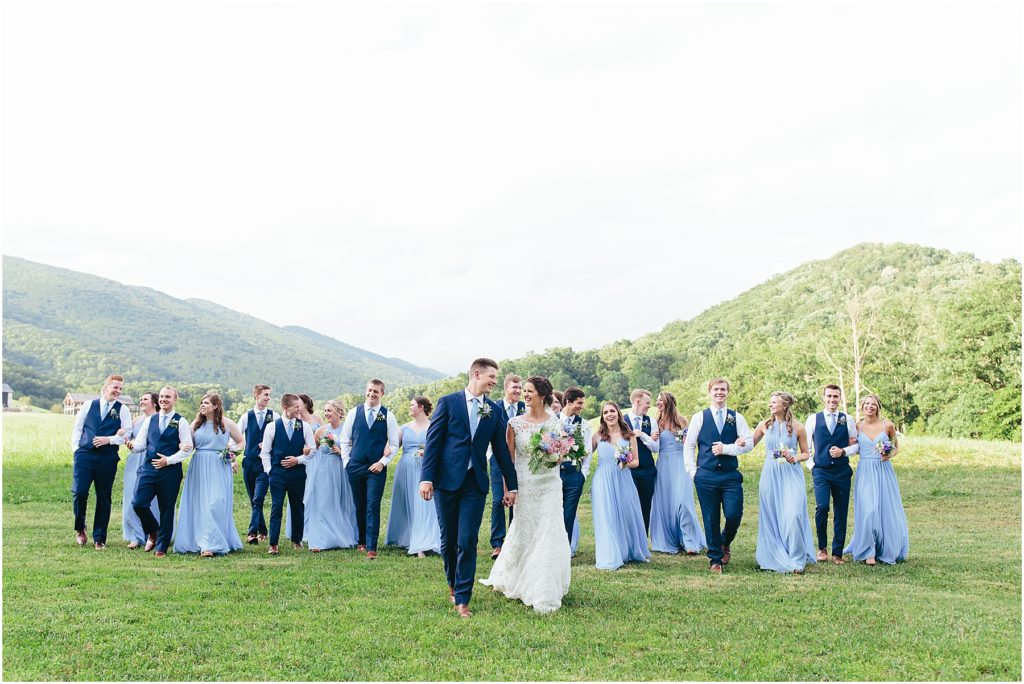 Bridal Party walking in field at Crooked River Farm Hiltons VA