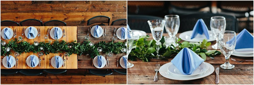 Top down and wedding place setting details at Crooked River Farm venue