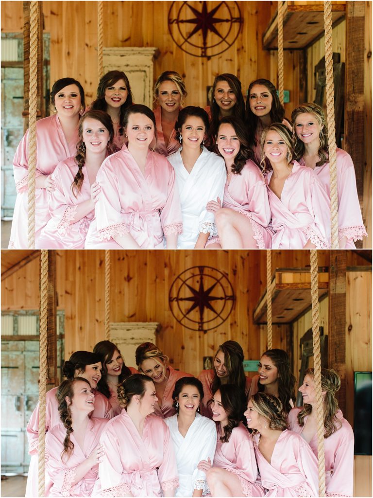 Bridesmaids getting ready at Crooked River Farm wedding venue with Bristol tennessee wedding photographer