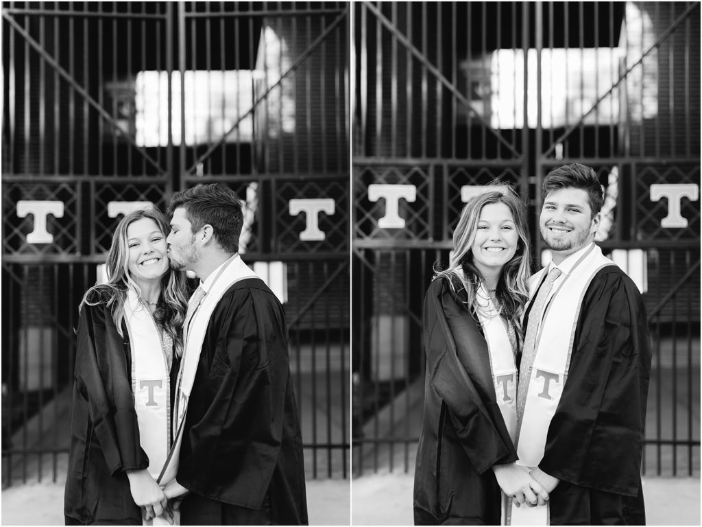 Couple kissing Neyland stadium gate senior pictures with Bristol Virginia graduation photography service
