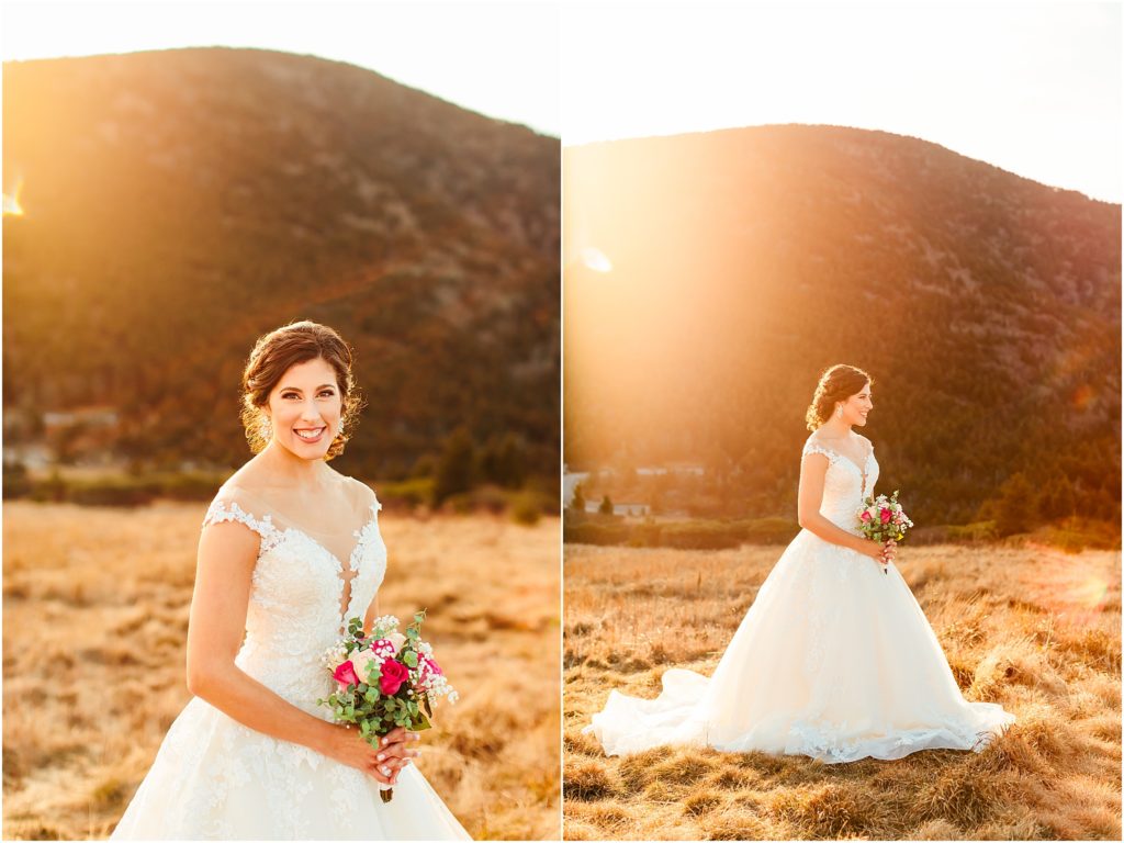 Bride on the left is holding her bouquet at an angle during golden hour and the bride on the right is glancing into the distance at golden hour during her Roan Mtn State Park Wedding.