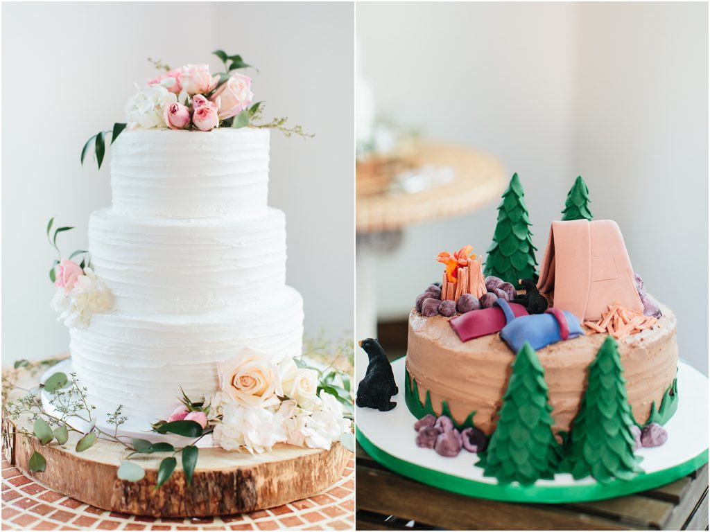 Photographer showing wedding cake and mountain wedding cake