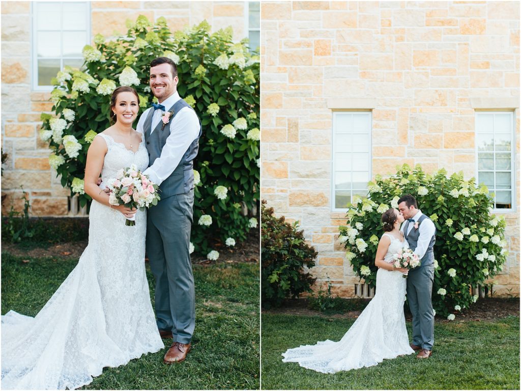 happy married couple smiling and exchanging kiss on wedding day at Villa Nove Vineyards Wedding Venue