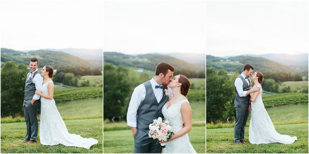 Three pictures of vineyard and mountains in the background on wedding day