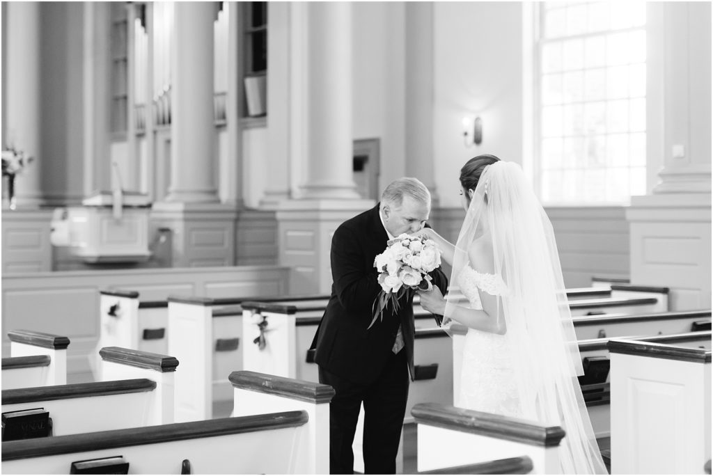 Bride and dad first look at Emory & Henry College chapel wedding venue