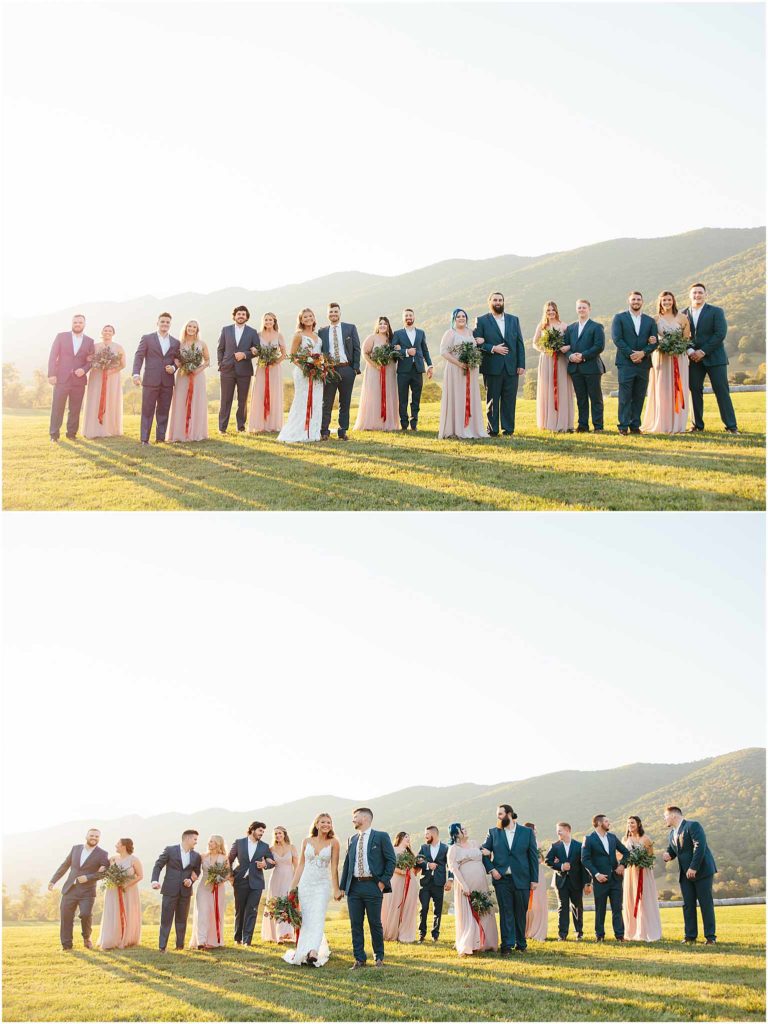 Bridal party walking with bride and groom holding hands in middle at crooked river venue during golden hour