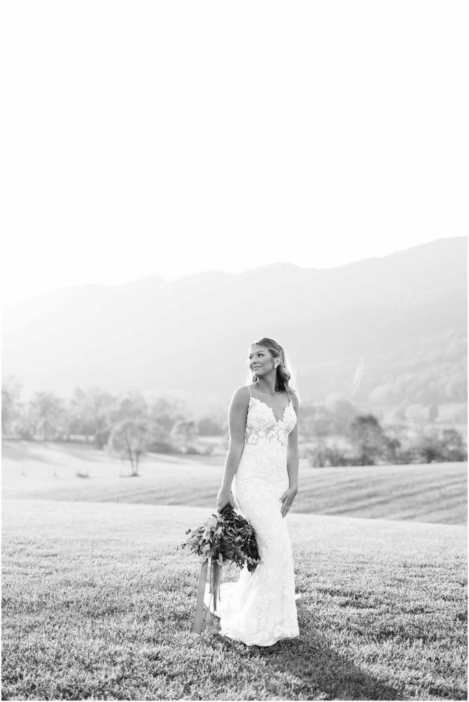 Bride smiling away from wedding photographer in Hiltons Virginia