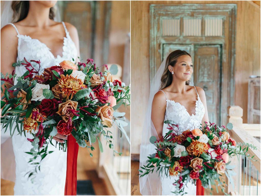 Bride smiling while holding bouquet made by flowers by tammy at crooked river wedding 