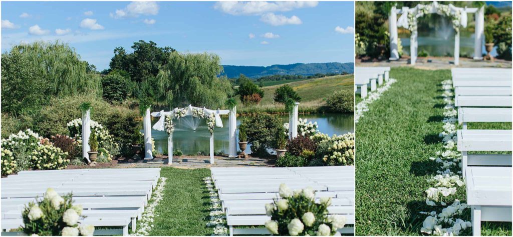 Wide angle of ceremony and details of Sinkland Farms wedding venue Christiansburg VA