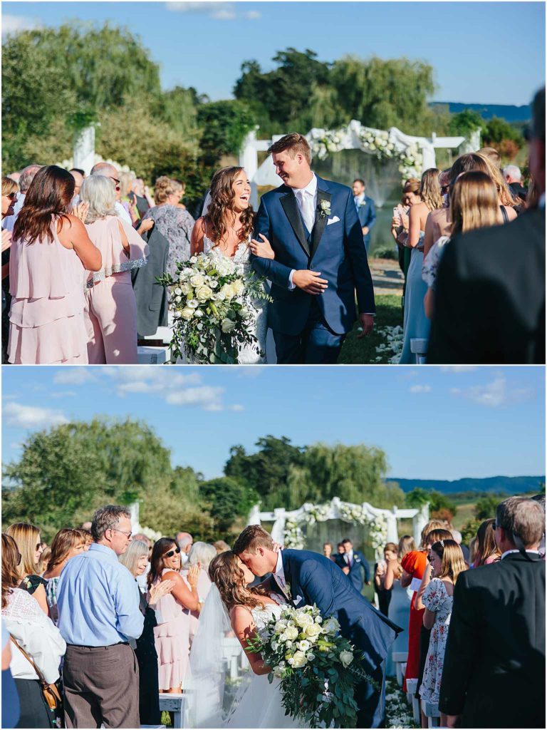 Collage of bride and groom sharing their first moments as they walk down isle. Sinkland Farms wedding venue in the background