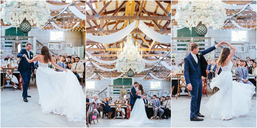 Sinkland farms wedding chandelier above bride and groom