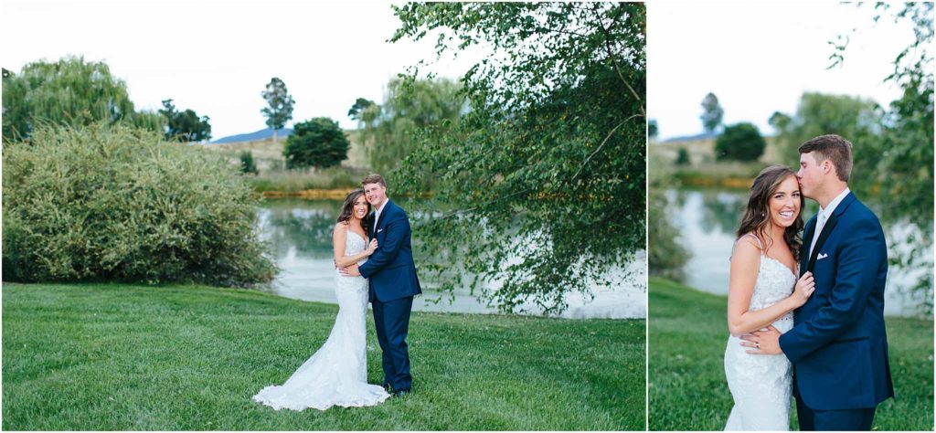 Bride and groom in front of pond sinkland farms christiansburg