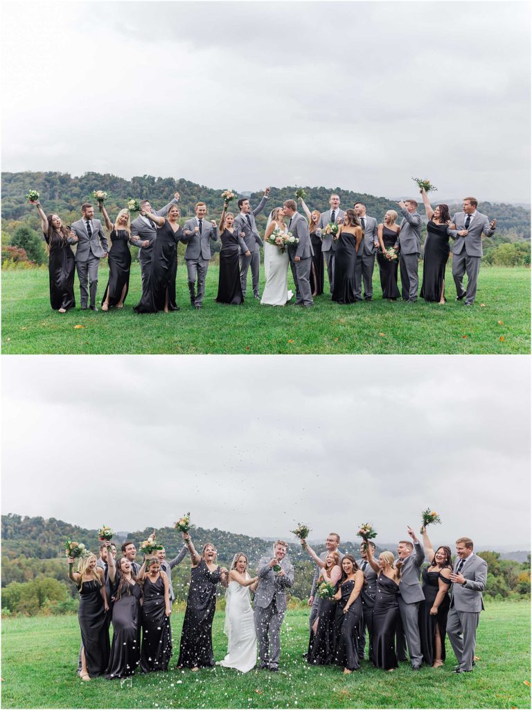 Bridal party cheering while bride and groom share kiss with chateau selah mountains in the background