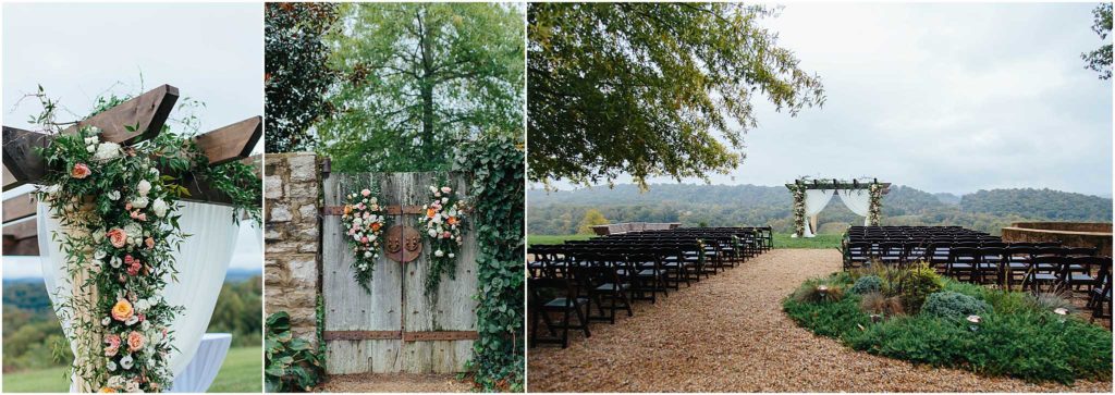Several ceremony detail pictures with orange and white flowers at Chateau Selah wedding venue