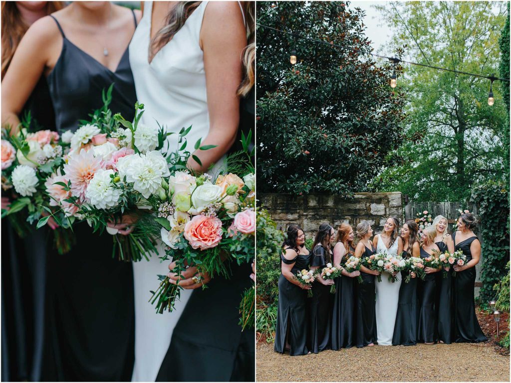 Close up bouquet picture with bride and bridesmaids in the background at Chateau Selah wedding venue in Blountville TN