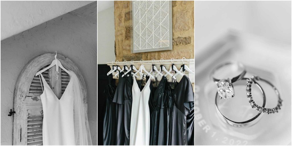 Wedding dress details, wedding dress hanging with bridesmaids dresses and wedding bands at chateau selah