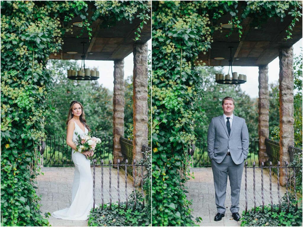 Individuals of bride and groom standing next to ivy wall at chateau selah venue in blountville tn