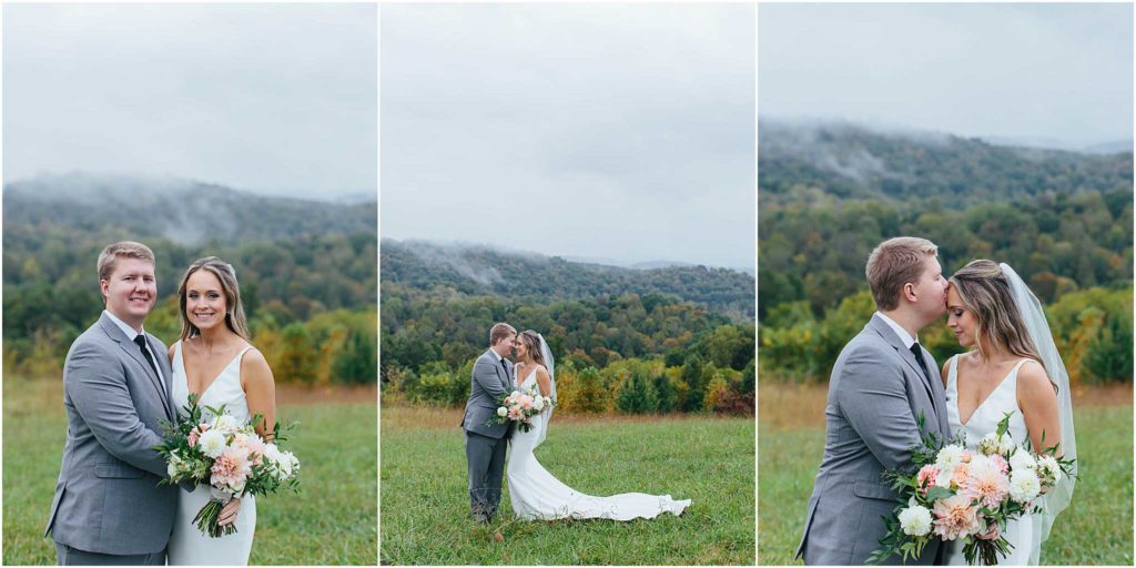 Collage of bride and groom posing in front of foggy mountains with fall colored leaves at chateau selah venue