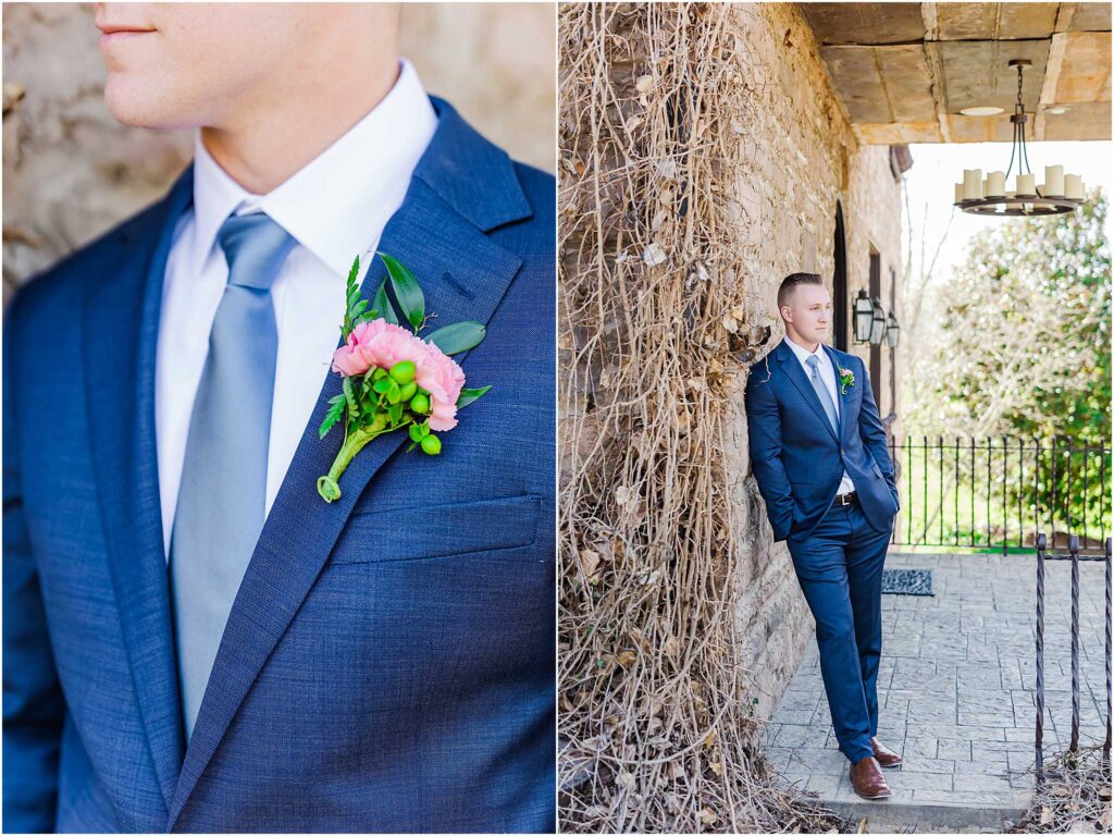 Groom leaning against wall and up close boutineer at chateau selah venue 