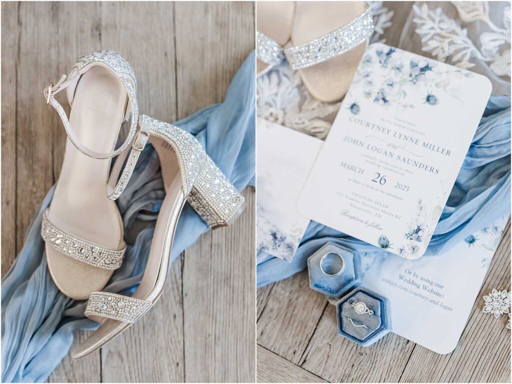 Bride shoes and invitation at wedding venue near blountville tn