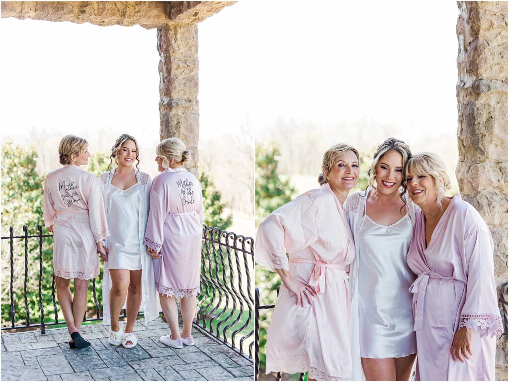 Bride and mothers in robes posing at chateau selah blountville wedding venue
