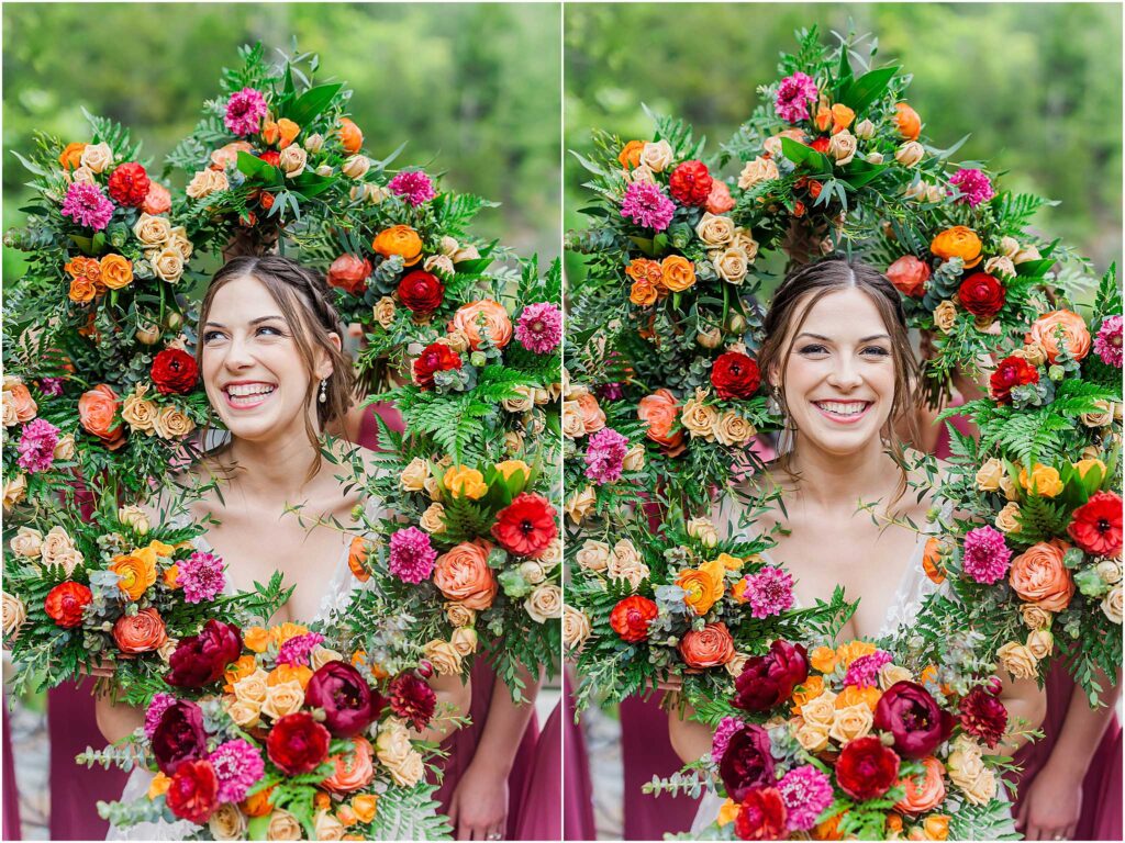 Wedding flowers surrounding bride

