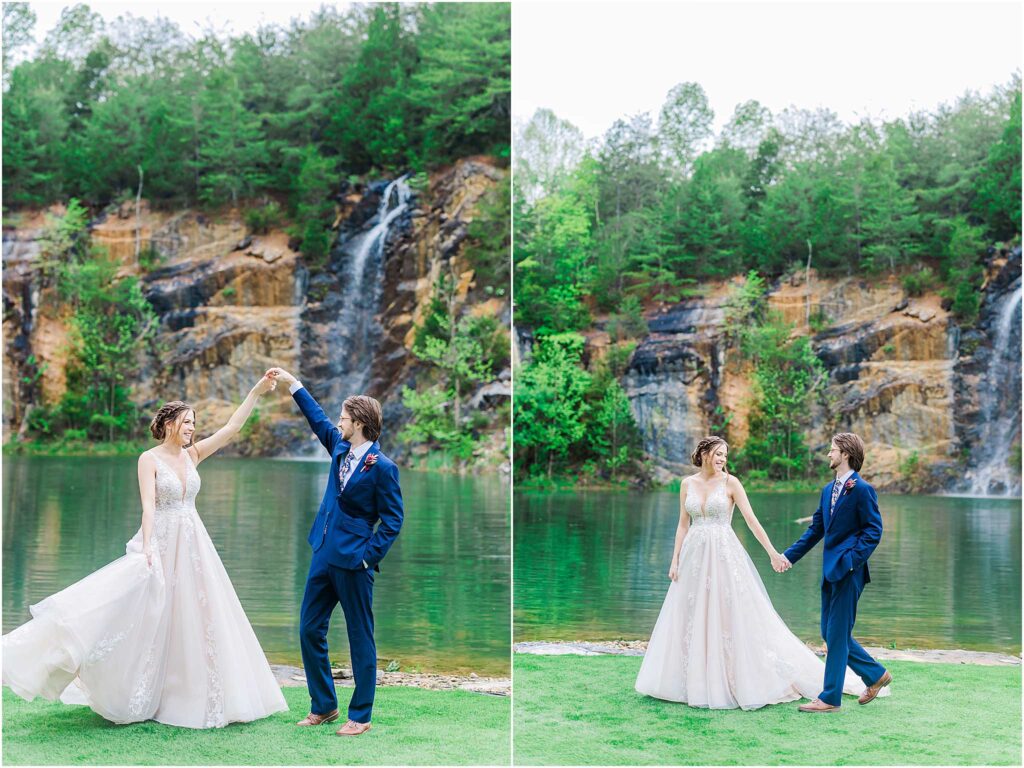 Bride and groom dancing at waterstone venue wedding waterfall in background