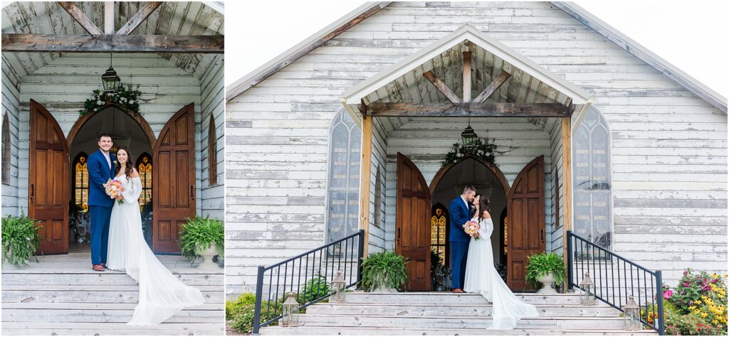Couple kiss in front chapel at glade creek farm cool springs