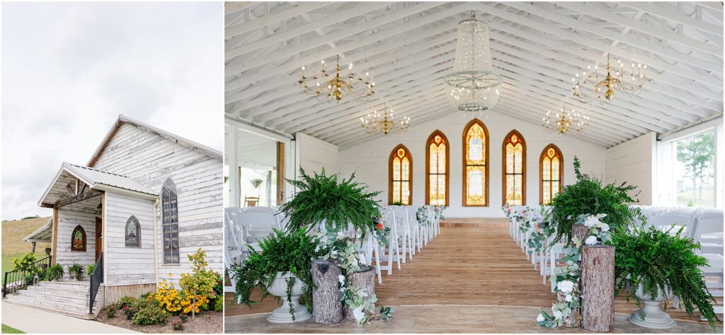 Interior and exterior church chapel glade creek farm wedding
