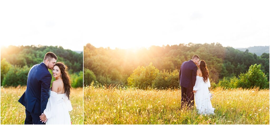 Bride and groom pose on mountain during golden hour near West Virginia wedding venue glade creek farm