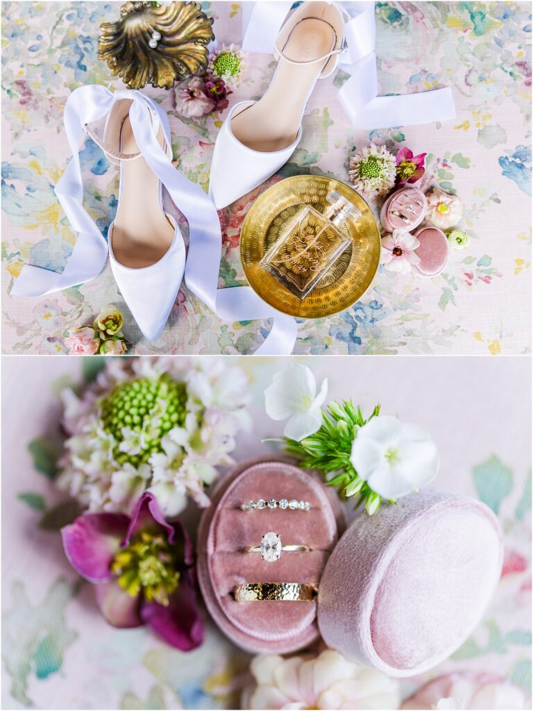 bride's shoes perfume and ring box italian villa wedding chateau selah