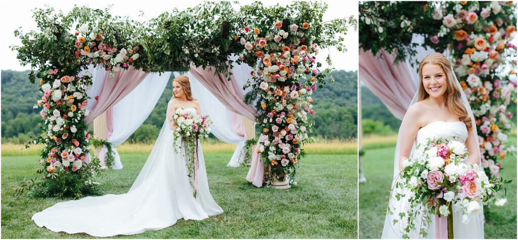 bride in front of floral arbor at blountville wedding venue