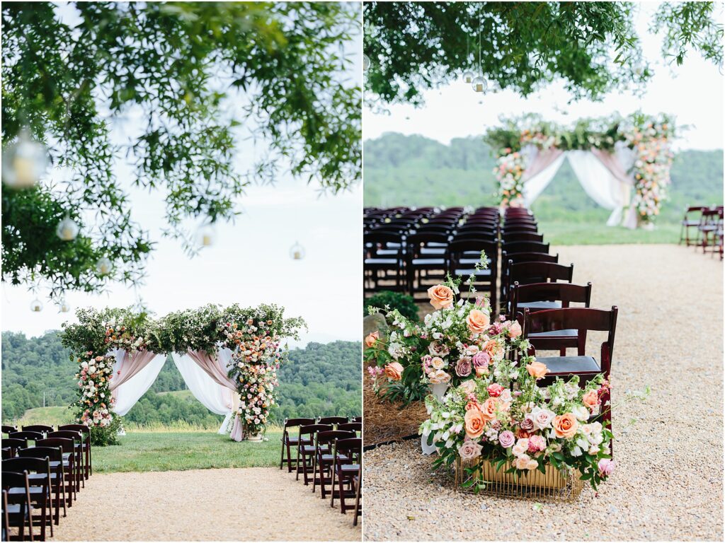 ceremony site with florals surrounding the aisle in front of chateau selah