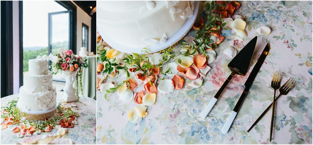 cake with florals surrounding at reception chateau selah