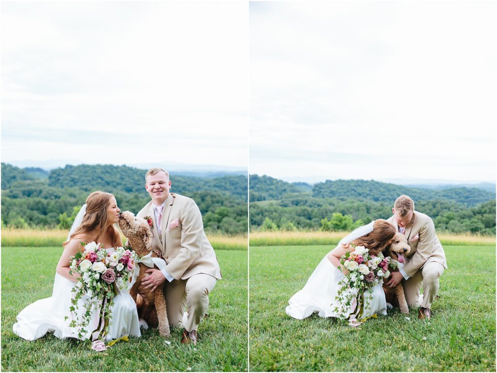 bride groom and dog share kisses in front of mountains at italian villa wedding